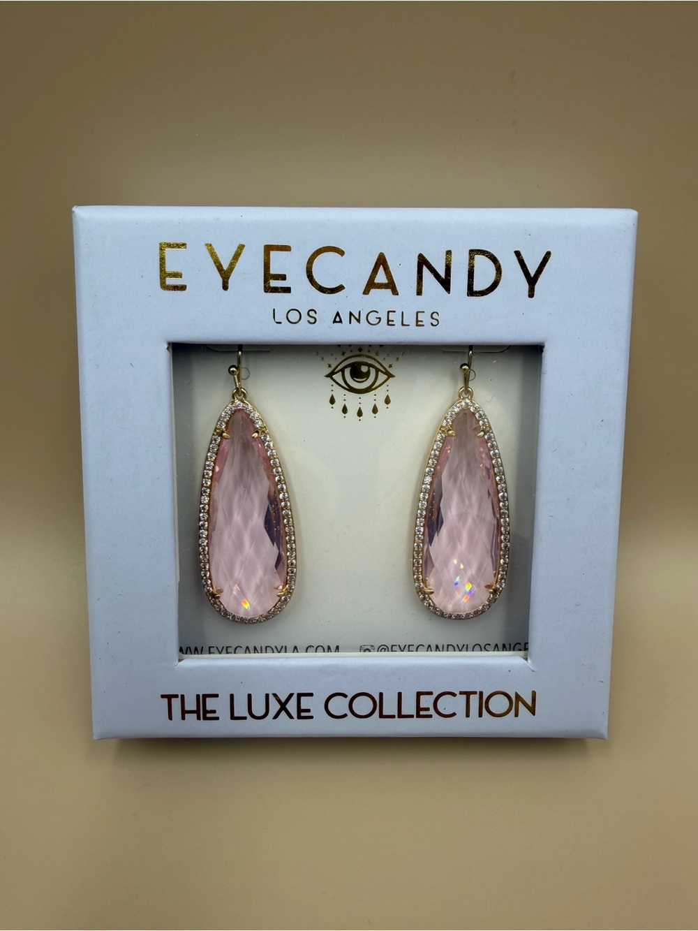Pink Crystal Teardrop Statement Earrings 14K Gold Plated NWT